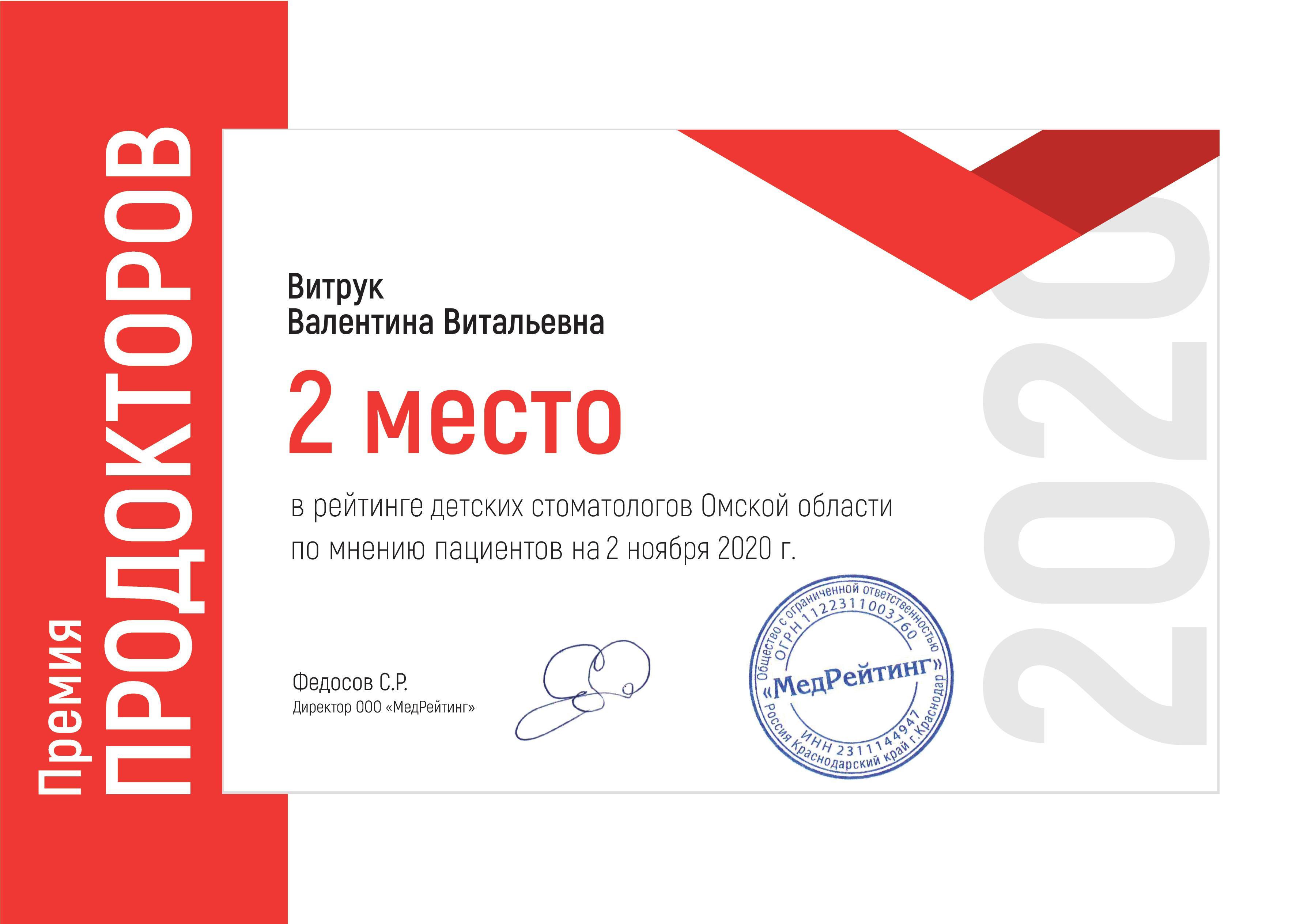 среди детских стоматологов по версии Продокторов в 2020 г.