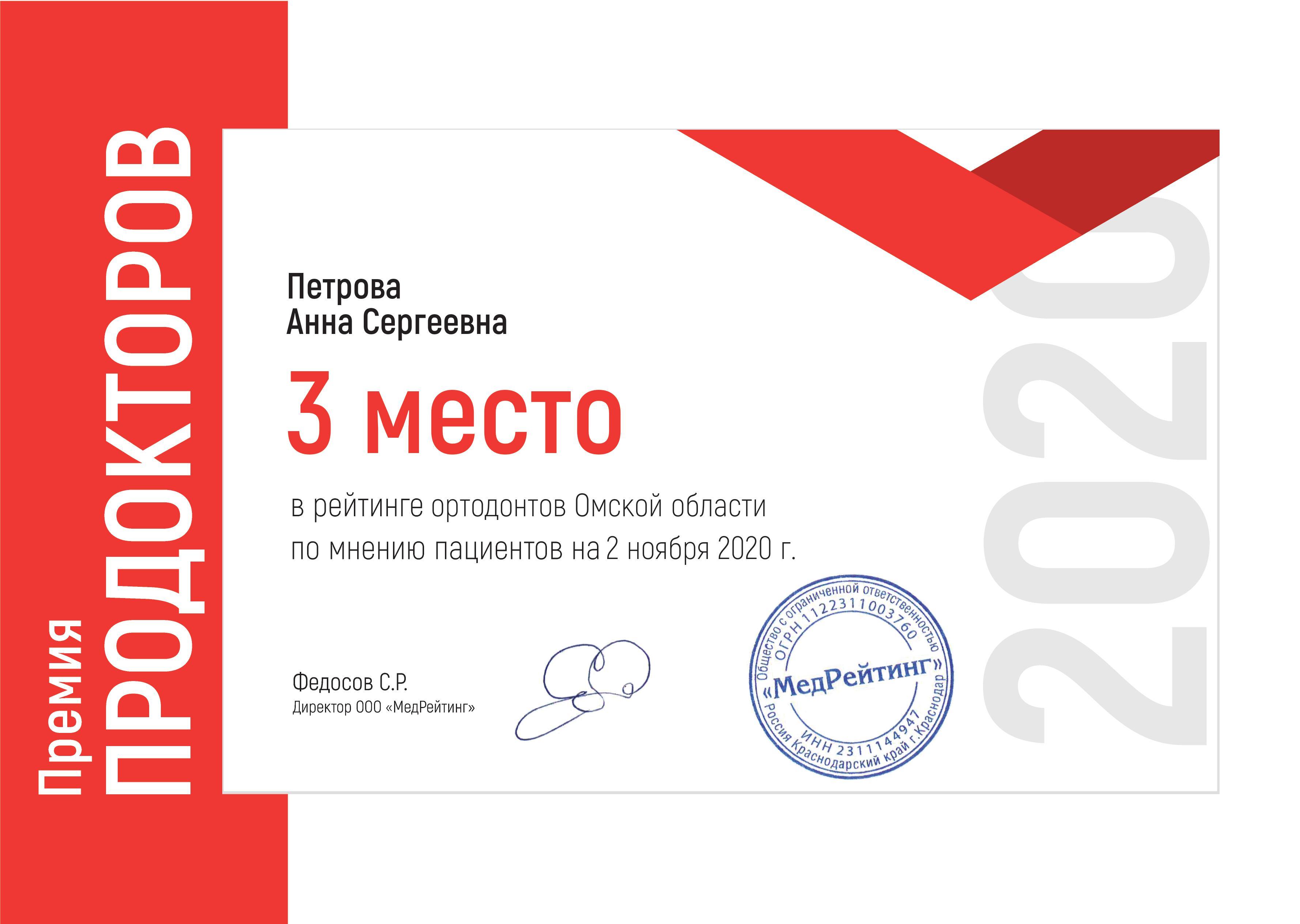 среди стоматологов-ортодонтов по версии Продокторов в 2020 г.