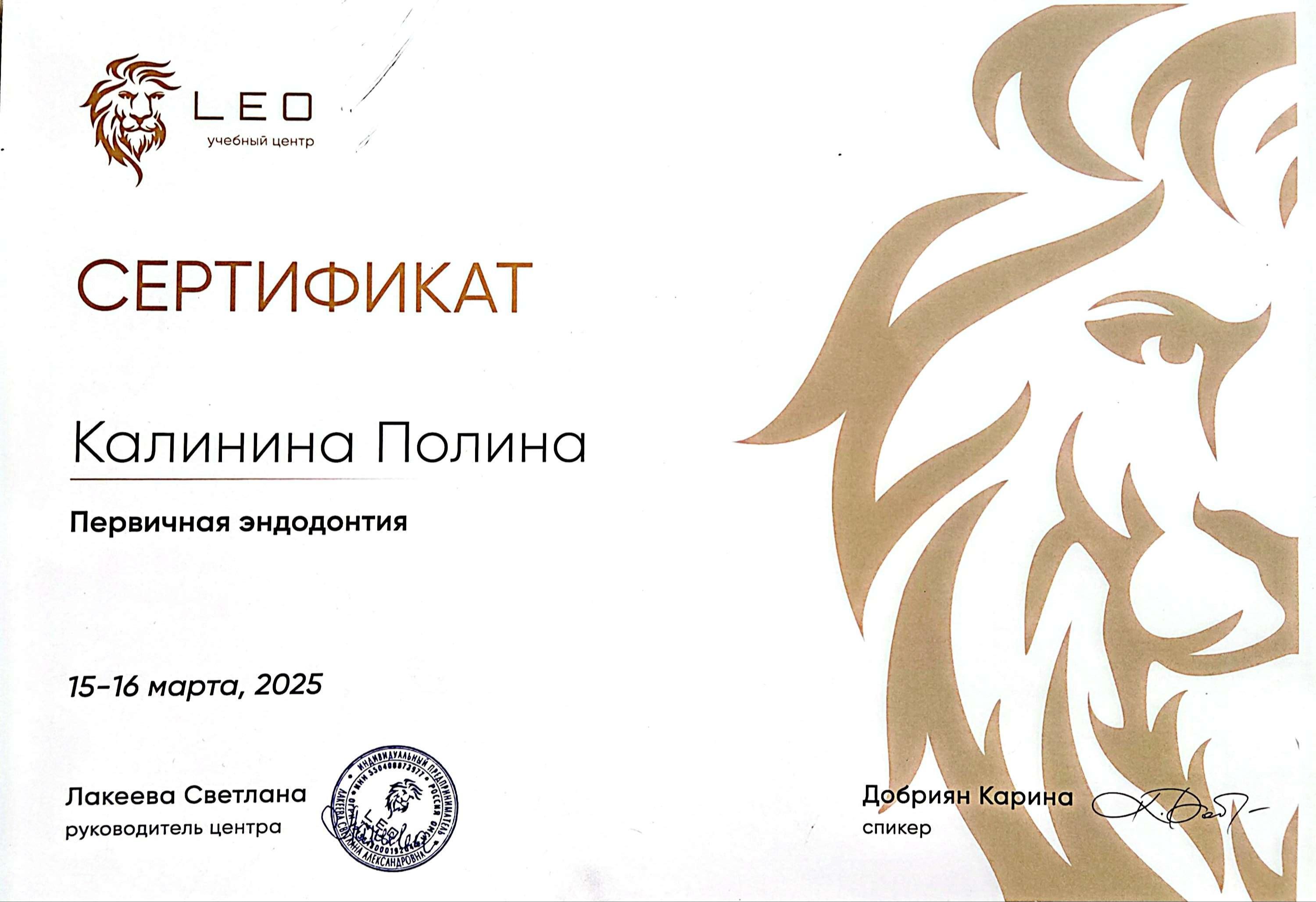 Сертификат "Первичная эндодонтия"